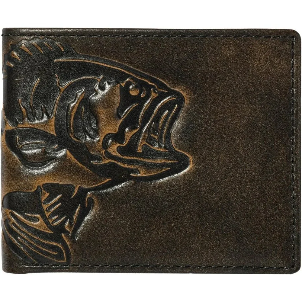 Men's Bass Double Id Bifold Black Grain premium Leather Fishing Wallet Card